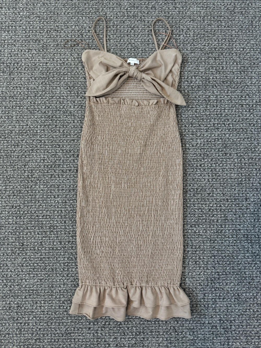 Mable Maternity Tan Gingham Tie-Front Smocked Dress